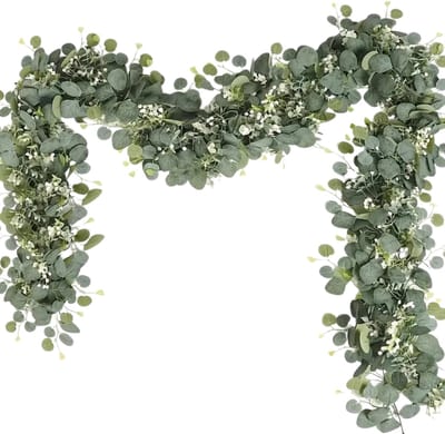 Goodli Kunstplant Eucalyptus Slinger met Witte Bloemen - 2x 180 cm Kunstbloemen en Hangplant voor Binnen & Buiten - Perfecte kamer Decoratie voor Bruiloft, Feest, Tafel of Muren - Realistische Groene Bladeren - Bladeren Hangplant Slinger