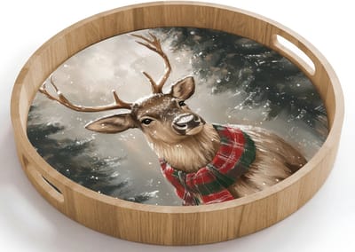 Dienblad rond 40x40 cm - Schootdienblad hout - Winter - Bos - Rendier - Donker - Borrelplank rechthoek - Plateau houten dienbladen