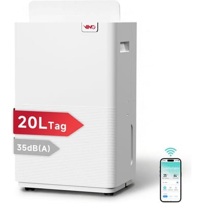 VINO slimme luchtontvochtiger, wifi-bediening, 20 l/dag, R290, energiezuinig, tank van 2,5 l, ideaal voor ruimtes van 40 m²