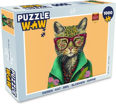 Puzzel Dieren - Kat - Bril - Bloemen - Hippie - Legpuzzel - Puzzel 1000 stukjes volwassenen