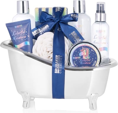 BRUBAKER Cosmetics - Cadeautip Vrouw - Cadeau Idee -8-Delige Eenhoornschoonheidsset Kleurrijke Regenboog met Vanille Lavendelgeur in Zilveren Kuipje - Cadeau