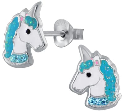 Joy|S - Zilveren eenhoorn oorbellen - turquoise/ blauwe unicorn oorknoppen