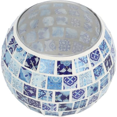 Theelichthouder Blauw en Wit Glasmozaïek Bloemenpatronen Warm Romantisch Handgemaakte Textuur Waxinelichtje gray