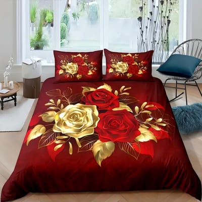 3D Geprint Dekbedovertrek Elegant High-End Romantische Roos Beddengoedovertrek Kussensloop Hometextiel Goud Bloemen Dekbedovertrek Sets EU single(135x200cm) red