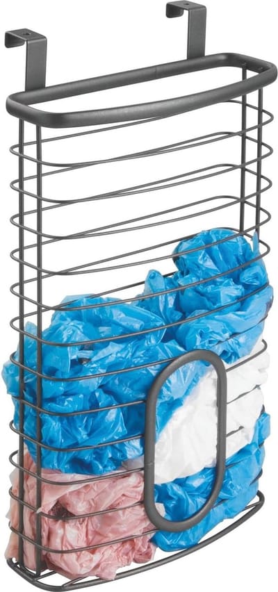 Opbergsysteem voor plastic zakken voor over de deur, zakdispenser voor keukenopslag van metaal, praktische huishoudelijke hulp zonder boren, voor vuilniszakken en vrieszakken, grijs