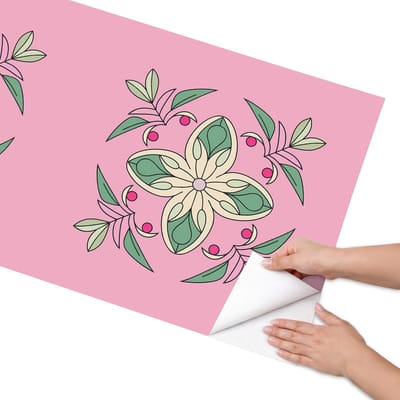 Coloray Meubel Wrap Folie - Roze Meubelfolie - 65x130 cm - Wrapfolie Keuken Pastelkleurige tegels - Decoratiefolie - Boho Meubelfolie - Meubel Wrap Folie - Woonkamer decoratie - Bloemen en planten