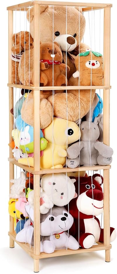 Houten Knuffel Opslag - Speelgoedrek Verticaal - Speelkamer Organisatie - Drie Niveaus Ruimtebesparend - 42 x 42 x 133 cm