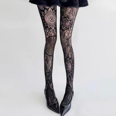 Vintage Totem Bloemen Visnet Panty Gothic Grote Bloemen Hol Kant Panty Y2K Alt Esthetiek Doorzichtig Mesh Panty Dames One Size