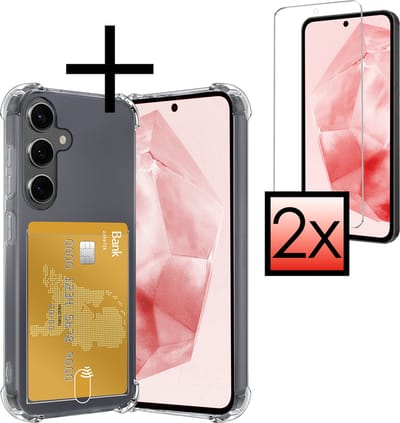 Hoesje - Geschikt voor Samsung Galaxy A35 - Met 2x Screenprotector - Pashouder - Kaarthouder - Telefoon Hoes Shockproof - Siliconen Case - Back Cover - Shock Proof - Pasjes Houder - Transparant
