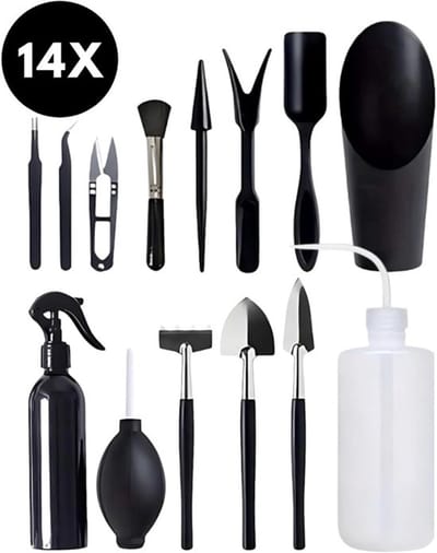 OUTARO-Bonsai boompje gereedschap set - 14-delig - Kamerplanten starterkit - Bonsai tuingereedschap - Verzorgingsset voor bonsai bomen - Onderhoudset voor Bonsai boompjes - Verzorgingskit - Schepje, snoeischaar, harkje, onkruidtrekker