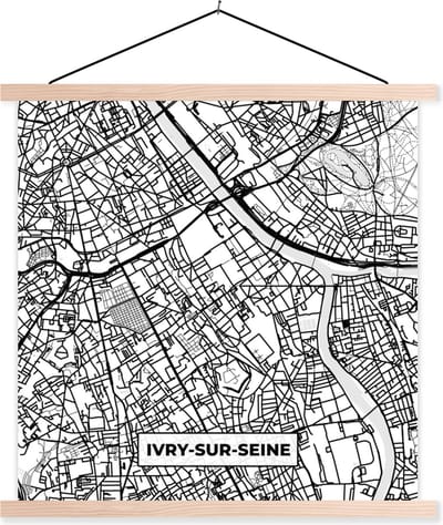 Posterhanger incl. Poster 40x40 cm - Schoolplaat - Kaart - Stadskaart - Frankrijk - Plattegrond - Ivry-sur-Seine - Zwart wit - Textielposter - Blanke latten - Stadskaart