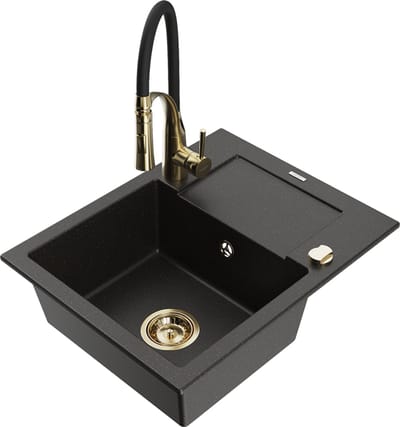 Mexen Enzo granieten spoelbak met 1 bak en afdruiprek en keukenmengkraan Aster, zwart/goud metallic - 6506-75-73450-57-G