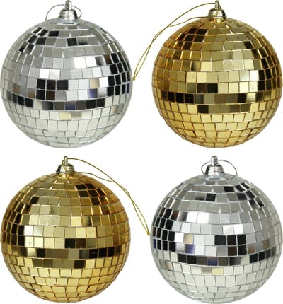 Kerstballen disco - 4x st - goud en zilver - 10 cm - kunststof - spiegel kerstballen