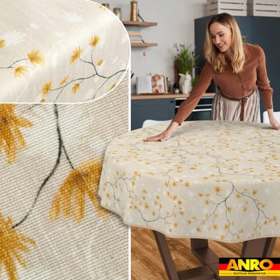 ANRO Tafelkleed Bloemen en vogels Beige Rond Ø140cm Met sierband Afwasbaar Waterafstotend
