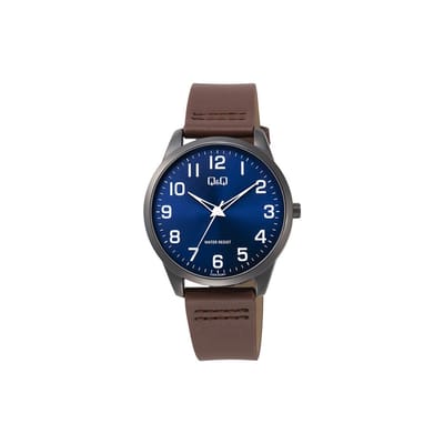 Q&Q C32A-003PY - Horloge - Analoog - Heren - Mannen - Leren band - Rond - Metaal - Bruin - Zwart - DonkerBlauw