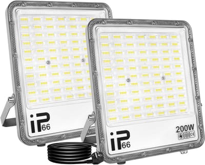 Krachtige 200W LED Buitenlamp Set van 2, 20000LM Koud Wit Licht, IP66 Waterdichte Schijnwerper voor Tuin en Garage