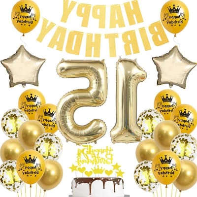 Feestelijke versiering voor 15e verjaardag, gouden ballonnen, verjaardag decoratie voor jongens en meisjes, 15 jaar feestdecoratie