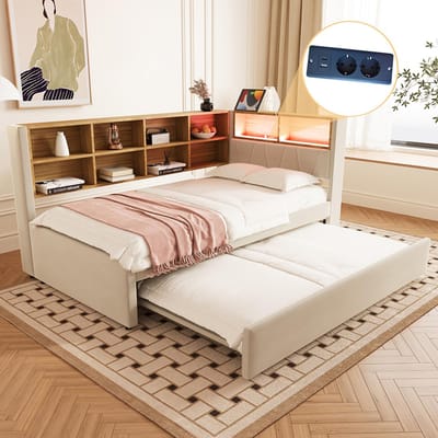 Pugsdrly Eenpersoonsbed slaapbank volwassen bed 90x200 onderschuifbed 90x190 met USB-aansluiting en talrijke opbergvakken beige