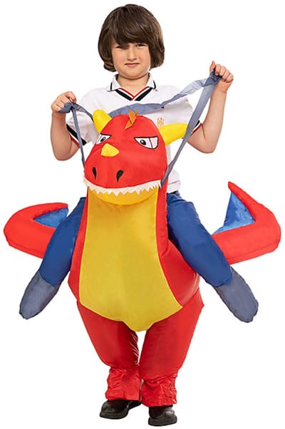 KIMU® Opblaas Kostuum Kinderen Zittend Op Rode Draak - Maat 80 86 92 98 104 110 116 122 - Opblaasbaar Pak Zittend - Drakenpak Mascotte Opblaaspak - Opblaasbare Festival