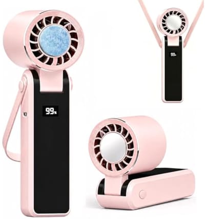 Draagbare handventilator met koelfunctie en led-display, 5 windsnelheden (1-199), oplaadbare USB-batterij, 3-in-1 hand-/bureauventilator, opvouwbare mini-nekventilator, geschikt voor thuis/op reis/buitengebruik/directe verkoeling (roze).