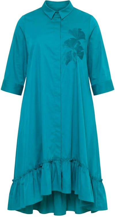 Ulla Popken - Dames - Maxi-jurk gingko-borduursel overhemdkraag driekwartmouwen - Smaragd - Maat 58+