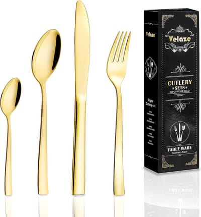Cutlery set for 6 people, cutlery set 24-piece, cutlery set including 6 tablespoons/eating fork/dinner knife/teaspoon, cutlery sets made of high-quality stainless steel, mirror polished and stainless gold