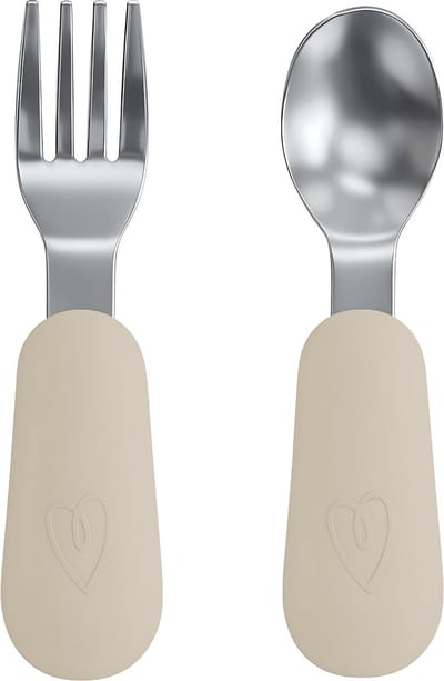 Broemba RVS Kinderbestek - Baby Lepel & Baby Vork met siliconen grip - 100% BPA-vrij Babybestek - Kinder Lepeltje en Vorkje - Beige Peuterbestek