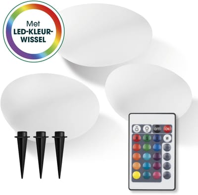 EASYmaxx LED-zonnelamp met afstandsbediening | 3 koudwitte lampen – stenen met zonne-energie & kleurwisseling | dimbare helderheidsniveaus, 12 kleuren & 5 verlichtingsmodi | inclusief grondpen & vochtigheidssensor
