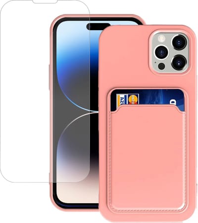 Hoesje Pasjes Houder geschikt voor iPhone 14 Pro + Screenprotector – Gehard Glas Cover - Portemonnee - Kaart houder - Rose