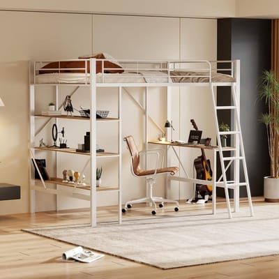 Moderne Hoogslaper met Bureau en Opbergruimte, 90x200 cm, Metalen Bed voor Kinderen en Volwassenen