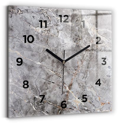 Wallfluent Wandklok - Grijs graniet marmer Stijlvolle Klok - 30 cm x 30 cm - Grijs Wandklok - Zwarte Handen - Wandklok Met Cijfers - Stille Wandklok Slaapkamer - Vierkante Glazen Wandklok - Industrieel Wandklok - Stijlvolle Klok