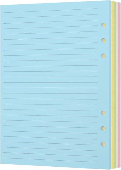 A5 Gekleurd Lined Refill Papier voor 6-Ring Ringband Notitieboek, Perforated Bladen, Geschikt voor Vulpen en Dubbelzijdig Gebruik
