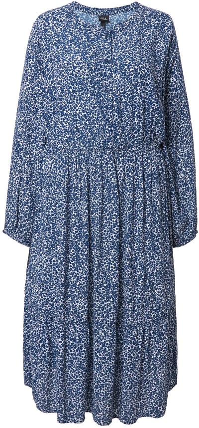 Ulla Popken - Dames - Midi-jurk A-lijn ronde hals lange mouw crêpe - Donkerblauw - Maat 62+