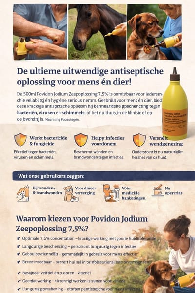 500ML POVIDONE JODIUM ZEEP 7,5% KRACHTIGE ANTISEPTISCHE OPLOSSING VOOR WONDEN, BRANDWONDEN & PRIKPLAATSEN. BACTERICIDE & FUNGICIDE. VEILIG VOOR MENS ÉN DIER!