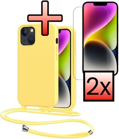 Hoes Geschikt voor iPhone 13 Mini Met Telefoonkoord Met 2x Screenprotector - Siliconen Hoesje Backcover Met Ketting - Geel