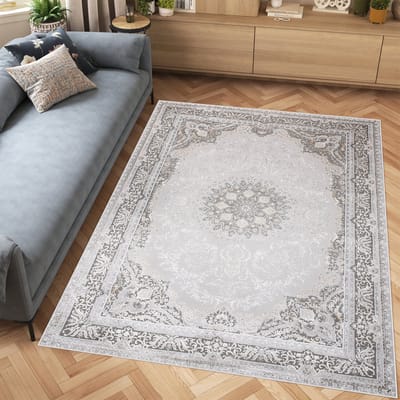 Tapiso Hera Vloerkleed Grijs Woonkamer Licht Vintage Frame Tapijt Maat- 140x200