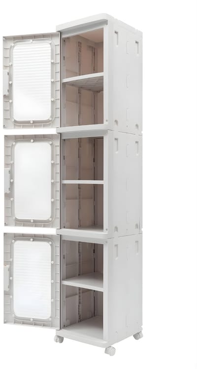 3-Laags Opbergkast – Vrijstaande Stapelbare Opbergdozen met Deksel – Transparant Organiser Rek 24,5 x 28,5 x 126 cm – Wit