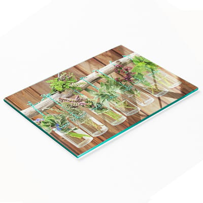 Decoratieve glazen keukensnijplank voor kruiden in potjes 80x52 cm