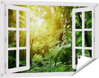 Gards Tuinposter Doorkijk Tropische Jungle met Zonneschijn - 90x60 cm - Tuindoek - Tuindecoratie - Wanddecoratie buiten - Tuinschilderij
