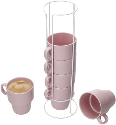 Set van 6 koffiemokken met standaard Stata Vessia roze porselein - 11801
