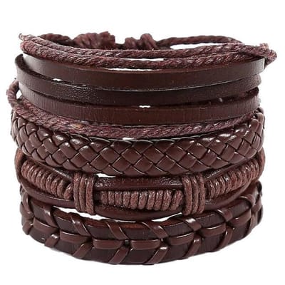 Fako Bijoux® - Leren Armband - Leder - Set Emilio - 4 Stuks - Bruin