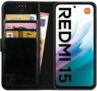 Rosso Element Geschikt voor Xiaomi Redmi 15 4G | Wallet Book Case | Portemonnee Hoesje | 3 Pasjes | Magneetsluiting | Stand Functie | Zwart