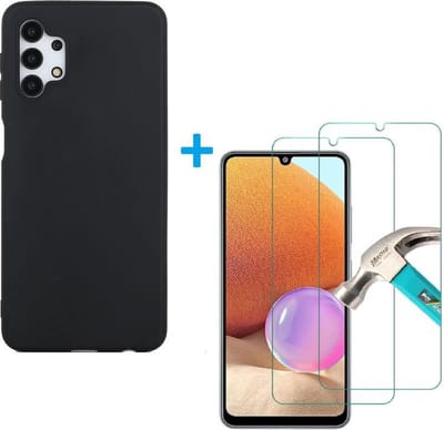 Solid hoesje Geschikt voor: Samsung Galaxy A32 5G Soft Touch Liquid Silicone Flexible TPU Rubber - Zwart  + 1X Screenprotector Tempered Glass