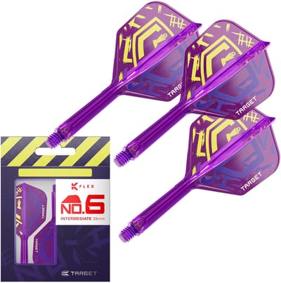 Target Darts Luke Littler World Champion K Flex Flights en Shaft Systeem - Geïntegreerde Dartflights met Shaft - No.6 Paars Geel Design - Intermediate 26mm - 3 Stuks