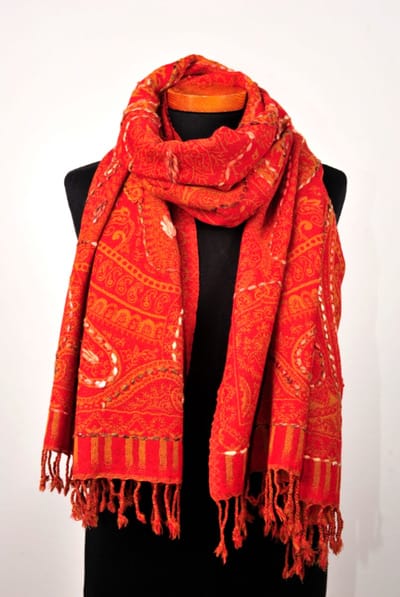 Wollen geborduurde sjaal en omslagdoek Warm-Rood, Merino wol, 72 * 190 cm