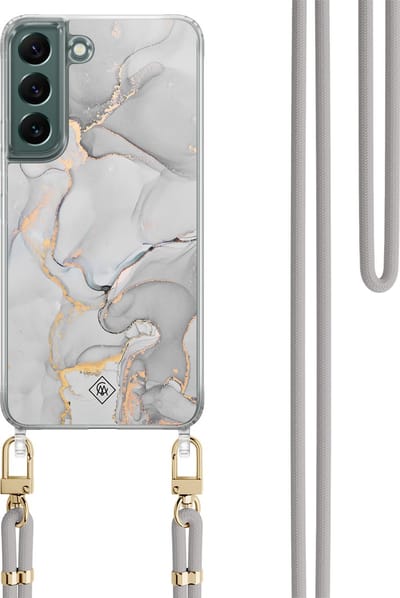 Casimoda® hoesje met koord - Geschikt voor Samsung S22 - Marmer Grijs - Afneembaar koord - TPU/polycarbonaat - Grijs
