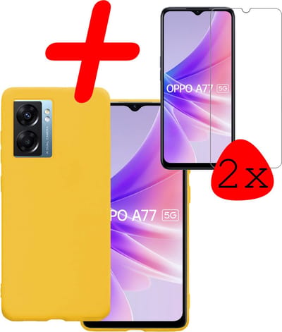 Hoesje Met 2x Screenprotector - Geschikt voor OPPO A77 - Sterk & Shockproof - Back Cover - Siliconen Case - Telefoon Hoes - Geel