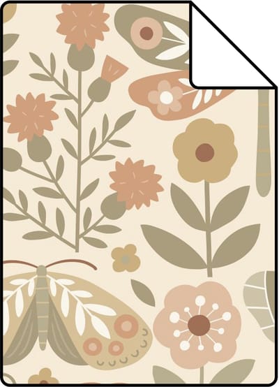Proefstaal ESTAhome behang bloemen & vlinders groen en beige - 26.5 x 21 cm - 131879-S