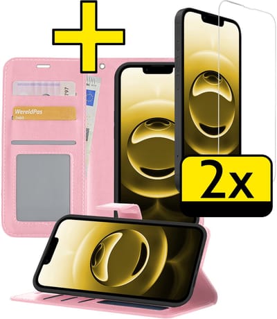 Hoesje - Met 2x Screenprotector - Geschikt voor Apple iPhone 16e - Luxe Pasjeshouder - Bookcase Portemonee - Flip Case - Kunstleer Book Case - Flipcase Hoes - Book Cover - Walletcase - Portemonneehoes - Telefoonhoesjes - Lichtroze