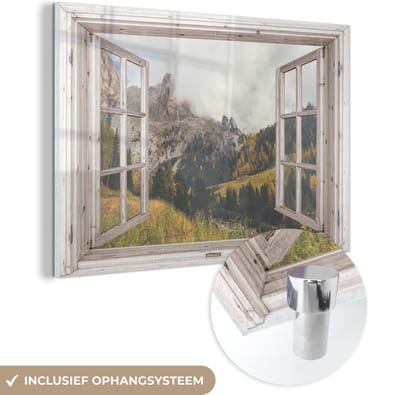 MuchoWow® Glasschilderij 60x40 cm - Schilderij acrylglas - Doorkijk - Bos - Herfst - Foto op glas - Schilderijen
